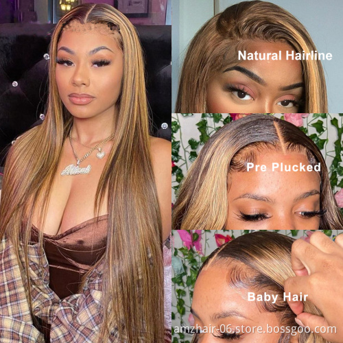 Wholesale Highlight 1B Honey Brown Color Straight Human Hair HD Lace Frontal Closure Wig Virgin Brazilian Hair Highlight Wig